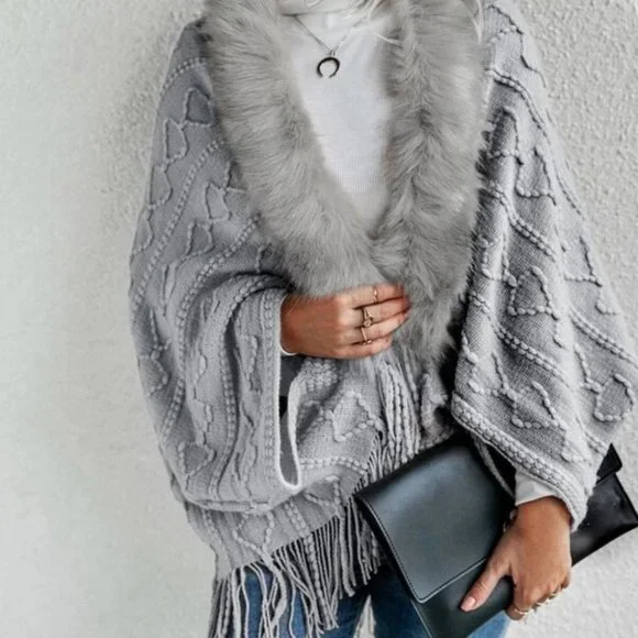 Gray Faux fur Trim Textured Knit Open front Sweater Cardigan - Picture 5 of 9